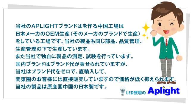 当社のＡＰＬＩＧＨＴブランドはを作る中国工場は日本メーカのＯＥＭ生産（そのメーカのブランドで生産）をしている工場です。当社の製品も同じ部品、品質管理、生産管理の下で生産しています。また当社で独自に製品の測定、試験を行っています。国内ブランドはブランド代が乗せられていますが、当社はブランド代をゼロで、直輸入して、関東圏のお客様には直接販売していますので価格が低く抑えられます。当社の製品は原産国中国の日本製です。