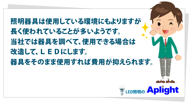 照明器具は使用している環境にもよりますが長く使われていることが多いようです。当社では器具を調べて、使用できる場合は改造して、ＬＥＤにします。器具をそのまま使用すれば費用が抑えられます。
